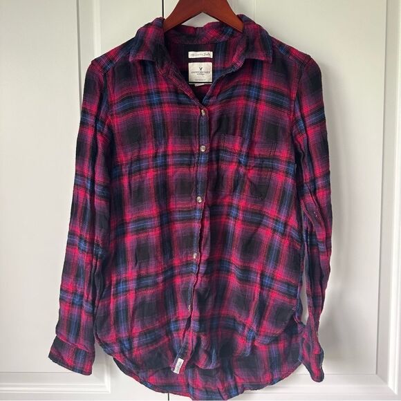 American Eagle Size S Ahhhmazingly Soft Boyfriend Fit Pink and Purple Flannel - Picture 2 of 4